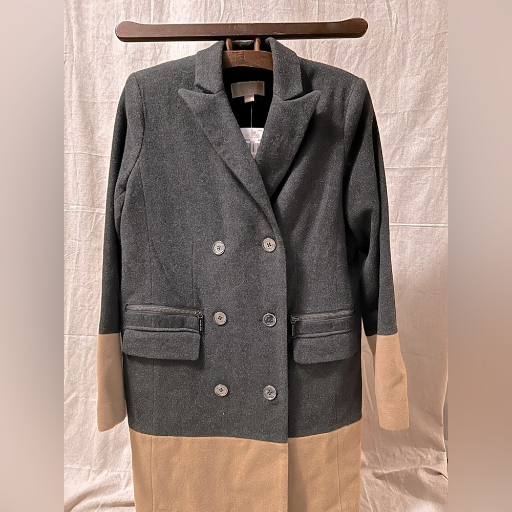 MICHAEL KORS. Grey Tan Wool Color Block Long Jacket Peacoat Coat NWT - Picture 1 of 14